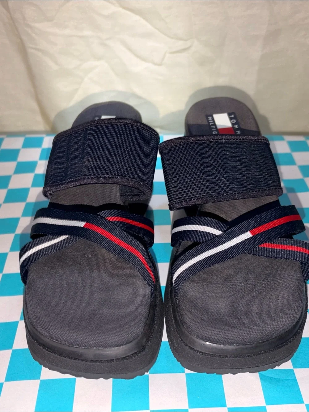 Tommy Hilfiger Black Platform Slide Sandals with Signature Stripe